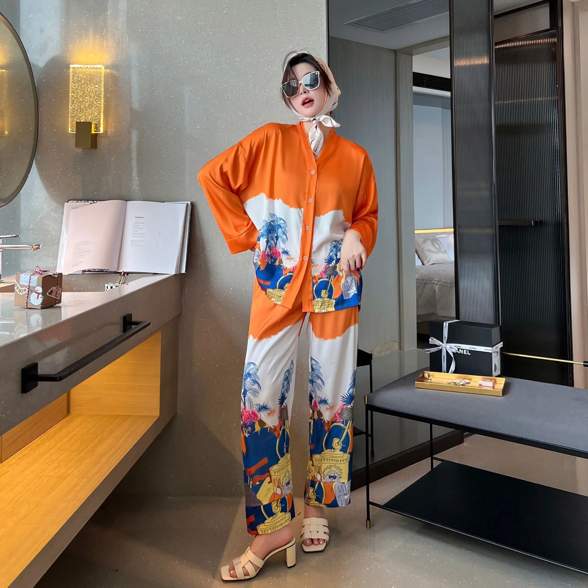 Women's Pajamas Set Luxury Orange Coconut Print Sleepwear Silk Like Homewear V Neck Nightwear Leisure Loungewear