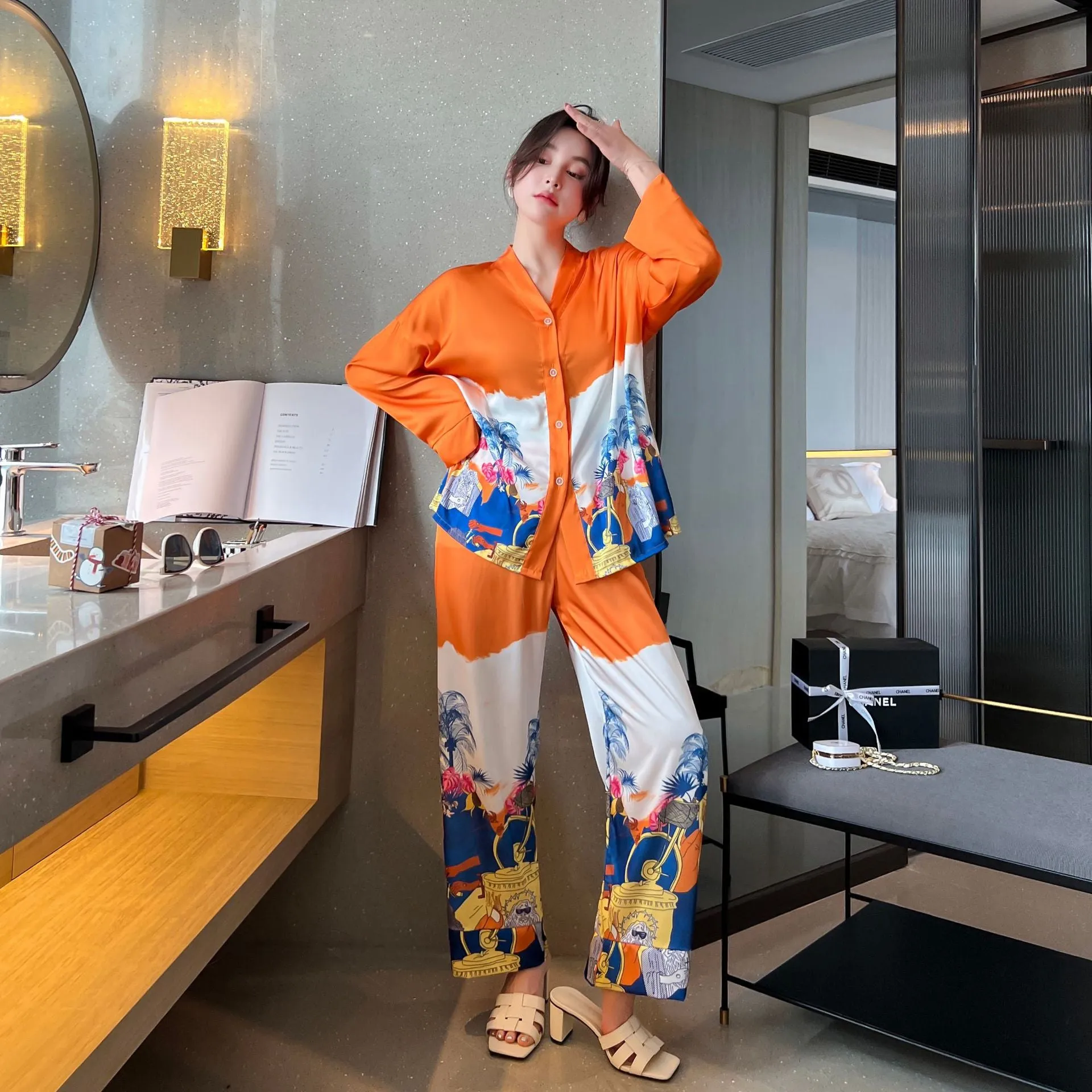 Women's Pajamas Set Luxury Orange Coconut Print Sleepwear Silk Like Homewear V Neck Nightwear Leisure Loungewear