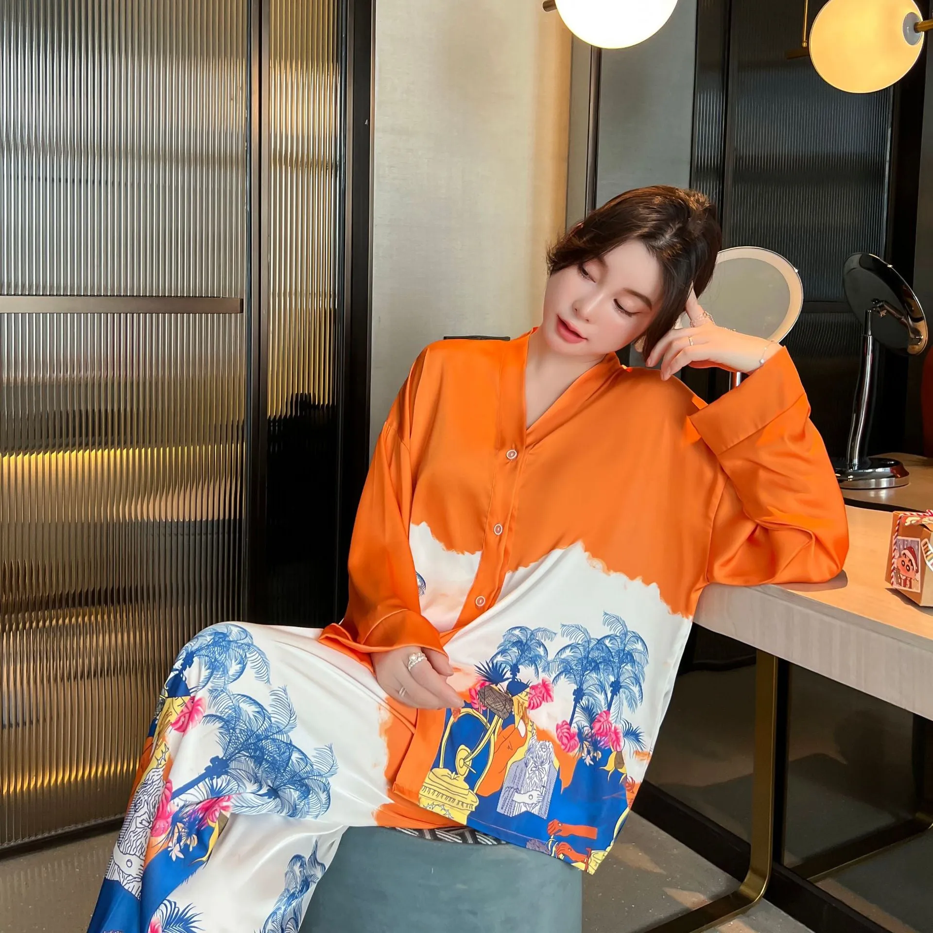 Women's Pajamas Set Luxury Orange Coconut Print Sleepwear Silk Like Homewear V Neck Nightwear Leisure Loungewear